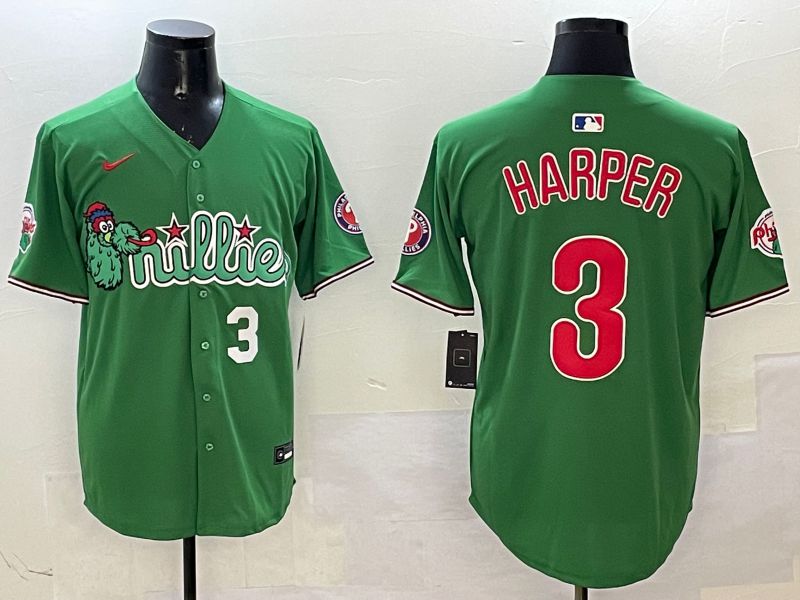 Men Philadelphia Phillies 3 Harper Green Three generations Joint Name Game 2025 Nike MLB Jersey style 5